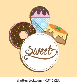 Sweet dessert vector ice cream, donut, pudding and label
