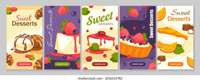 Sweet dessert at web poster for making order online, vector illustration. Restaurant menu with delicious food, graphic promo banner. Delivery tasty pie and cake, advertising collection.