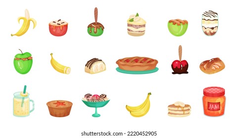 Sweet Desserts with Baked Pie, Stuffed Apple, Banana Fruit and Pudding Vector Set