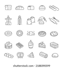 Sweet desserts and baked products, isolated bakery shop assortment. Bread and donut, baguette and cake, pretzel and pizza slice. Line art, minimalist drawing, isolated icon. Vector in flat style