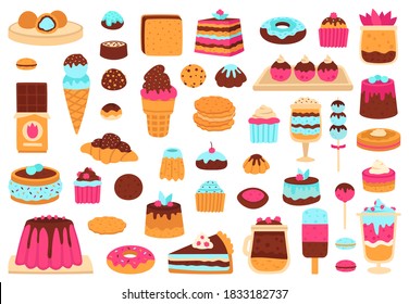 Sweet desserts. Bakery sweets, muffin cakes, ice cream, hand drawn candies, chocolate bar and macarons. Cute sweets vector illustration set as croissant and cookie, cupcake and donut