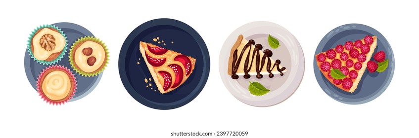 Postres dulces con pasteles y tartas sobre el vector de vista