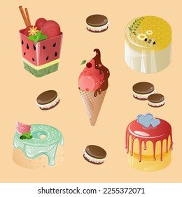 Postres dulces. Pastel, pastel, helado, brownie. Ilustración vectorial pastosa. Trajes dulces para los amantes.