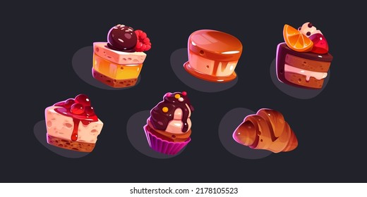 Sweet desserts, cakes, cupcake and croissant isolated on background. Vector cartoon game icons set of cute baked food with chocolate and jelly glaze, fruits, whipped cream and candies