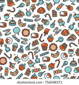 Sweet desserts candies bakery cakes seamless pattern. Vector flat illustration
