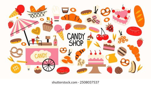 Conjunto de postres dulces y caramelos. Dulces de caramelo, pasteles, helados, croissants. Mostrador de pastelería. Pegatinas de Vector retro doodle de dibujos animados