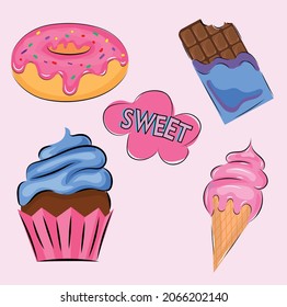 sweet desserts, chocolate, muffin, ce cream dougnut, illustration colorful, vector illustation eps 10