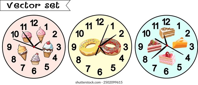 Sweet desserts in clock decor.Vector illustration with colorful sweet desserts in clock design.
