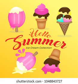 Sweet desserts collection in flat style with hot summer. Hello Summer. Vector illustration.