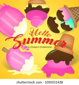 Sweet desserts collection in flat style with hot summer. Hello Summer. Vector illustration.