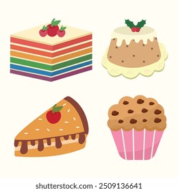 Doce coleção sobremesas em estilo plano. Bolo de arco-íris, pudim de ameixa, torta de cereja, muffin. Adequado para ilustração gráfica de design plano, clip-art, adesivos, etc
