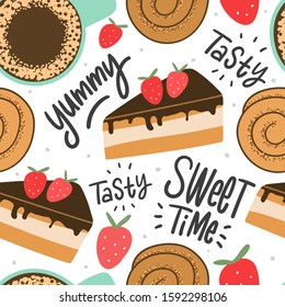 Sweet desserts and drink seamless pattern for print, textile, fabric. Cakes with strawberries and coffee background.