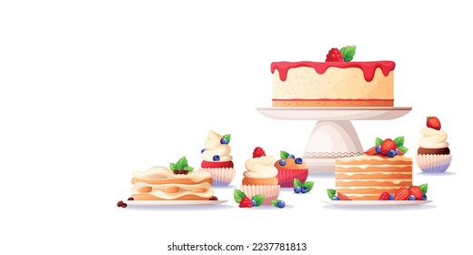 Sweet desserts with fresh berries mint leaves coffee beans cream toppings flat composition vector illustration