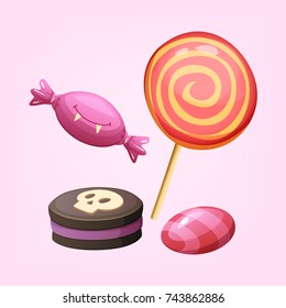 Sweet desserts for Halloween. Chocolate biscuits, candy, lollipop. Vector illustration.