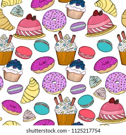 Sweet Desserts Hand drawn Vector Seamless Pattern. Pastry and Bakery Background. Muffins, Macaroons, Cakes, Puddings, Donuts, Sweets, Merengue Vector Illustration.