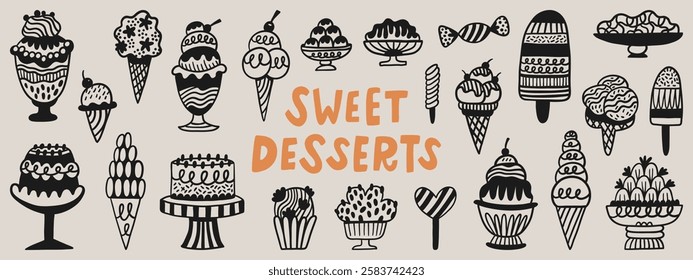Sweet desserts hand-drawn doodle elements. Cafe vector set with cake, cupcake and ice-cream. 