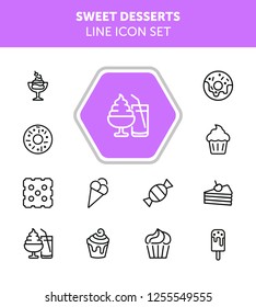 Sweet desserts line icon set. Set of line icons on white background. Candy, cake, doughnut. Vector illustration can be used for topics like confectionary, pastry, dessert 