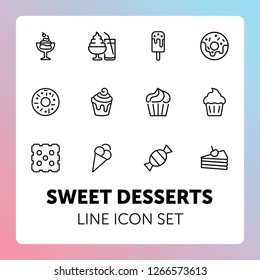 Sweet desserts line icon set. Set of line icons on white background. Candy, cake, doughnut. Vector illustration can be used for topics like confectionary, pastry, dessert 