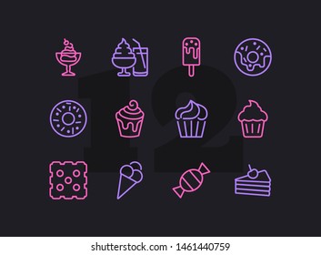 Sweet desserts line icon set. Set of line icons on white background. Candy, cake, doughnut. Vector illustration can be used for topics like confectionary, pastry, dessert 