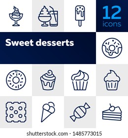 Sweet desserts line icon set. Set of line icons on white background. Candy, cake, doughnut. Vector illustration can be used for topics like confectionary, pastry, dessert