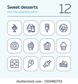 Sweet desserts line icon set. Set of line icons on white background. Candy, cake, doughnut. Vector illustration can be used for topics like confectionary, pastry, dessert