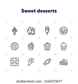 Sweet desserts line icon set. Set of line icons on white background. Candy, cake, doughnut. Vector illustration can be used for topics like confectionary, pastry, dessert