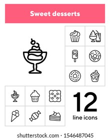 Sweet desserts line icon set. Set of line icons on white background. Candy, cake, doughnut. Vector illustration can be used for topics like confectionary, pastry, dessert