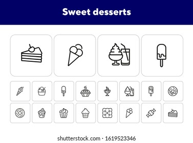 Sweet desserts line icon set. Set of line icons on white background. Candy, cake, doughnut. Vector illustration can be used for topics like confectionary, pastry, dessert