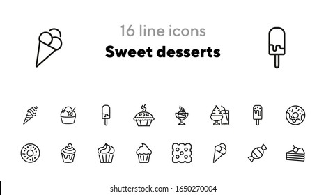 Sweet desserts line icon set. Set of line icons on white background. Candy, cake, doughnut. Vector illustration can be used for topics like confectionary, pastry, dessert