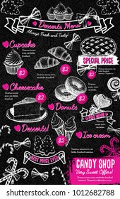 Sweet Desserts Menu Template on Chalkboard, In Vintage Style. Hand Drawn Pink Set Of Christmas Sweets, Cookies And Cakes. Sketch Restaurant Brochure Vector Illustration On Blackboard Background.