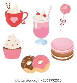 Sweet desserts. milkshake, macarones, donuts, cupcake.