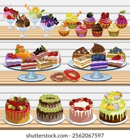 Sweet desserts on the shelves.Vector illustration with collection of cakes, pastries and creams on wooden shelves.