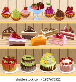 Sweet desserts on wooden shelves.Vector illustration with a set of sweet desserts on wooden shelves.