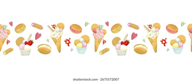 Dulces postres y pasteles sin borde de Vector. Una ilustración dibujada a mano perfecta con pasteles, helados y waffles. Ideal para empaques de confitería, menús de cafetería, invitaciones y diseños de telas
