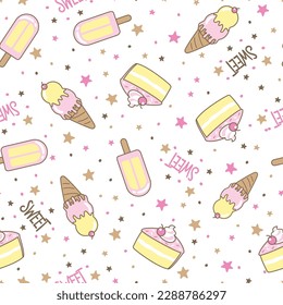 sweet desserts pattern with ice cream, ice pop and cake on white back ground