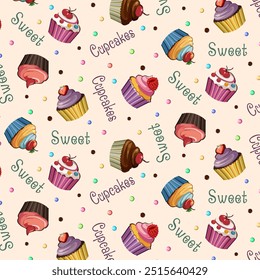 Doce sobremesas em pattern.Vetor padrão sem emenda com panquecas coloridas com bagas em um fundo colorido com texto.