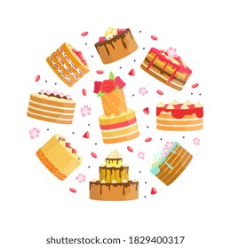Sweet Desserts of Round Shape, Sweet Delicious Cakes, Birthday Party, Holiday, Confectionery Design Cartoon Vector Illustration