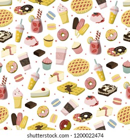 Sweet desserts seamless cartoon style pattern with apple pie, strawbery drink, ice-cream, donuts etc. Stock vector