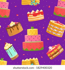 Sweet Desserts Seamless Pattern, Birthday Party, Holiday, Confectionery Design, Fabric, Wallpaper, Packaging, Background Cartoon Vector Illustration