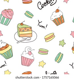 Sweet desserts seamless pattern. A delicious piece of cake, muffins with cream and cherries, pastry delicacies. Great pattern for textile or cafe menu.