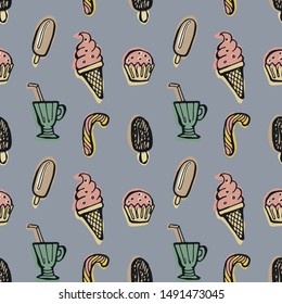 Sweet, desserts seamless pattern on a blue background. Hand drawn doodle vector illustration retro style.
