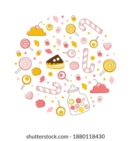 Sweet Desserts Seamless Pattern of Round Shape, Candy Shop, Bar, Cafe, Confectionery Design Cartoon Vector Illustration