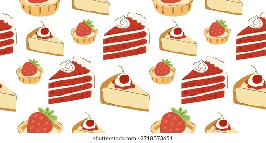 Postres dulces sin patrones con pastel de terciopelo rojo, tarta de queso y tarta de fresa. Golosinas de panadería: dona de chocolate, muffin de arándanos y yogur de frambuesa. Fondos de pastelería minimalistas.