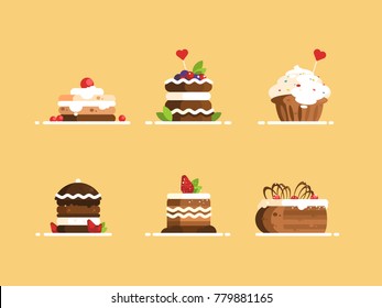 Sweet desserts set. Cake with cream and berries flat style. Vector illustration