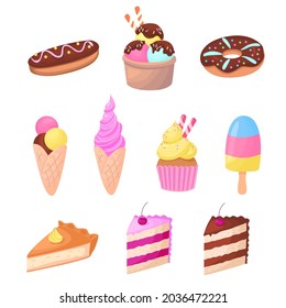 Sweet desserts set, ice cream, cupcake donut and cake slices, vector illustration