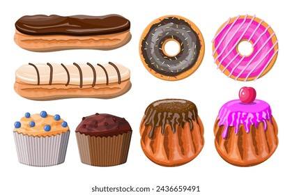 Sweet desserts set. Tasty food. Pastry or bakery. Eclair, donut, muffin. Chocolate cakes with cream custard and berry. Vector illustration in flat style