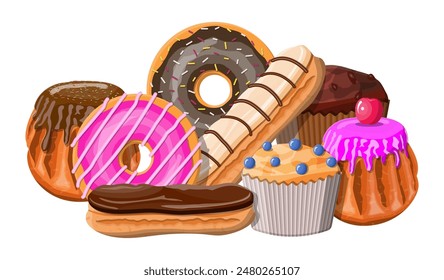 Sweet desserts set. Tasty food. Pastry or bakery. Eclair, donut, muffin. Chocolate cakes with cream custard and berry. Vector illustration in flat style