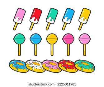 Sweet desserts set. Vector illustrations of candy of different colors. Cartoon round donut with icing and topping, glazed ice cream on stick, lollipop isolated on white. Kids sugar snack menu concept