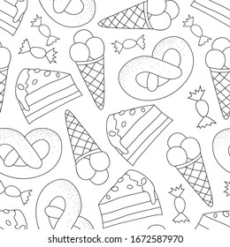 Sweet desserts: simple drawing, seamless transparent pattern. Vector graphics.