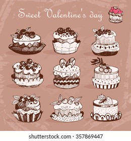 Sweet desserts. Sketch. Vector isolated illustration. Valentine's day.